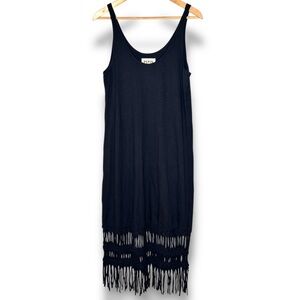 Pepin Anthropologie Black Cutout Fringe Hem Sleeveless‎ Tank Shirt Midi Dress M